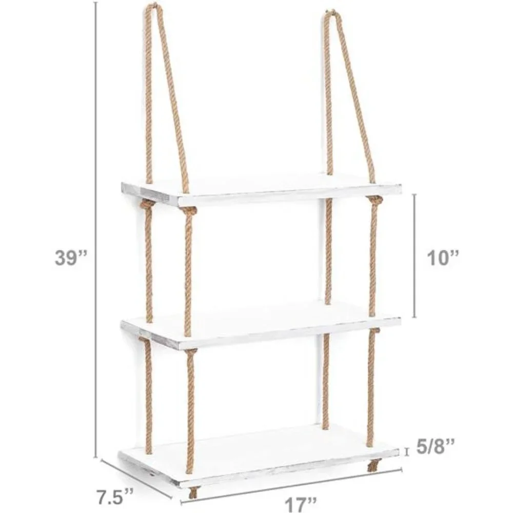 Hanging Shelves 3 Tier White Wood Wall Mount Floating Shelf with Rope Boho Decor